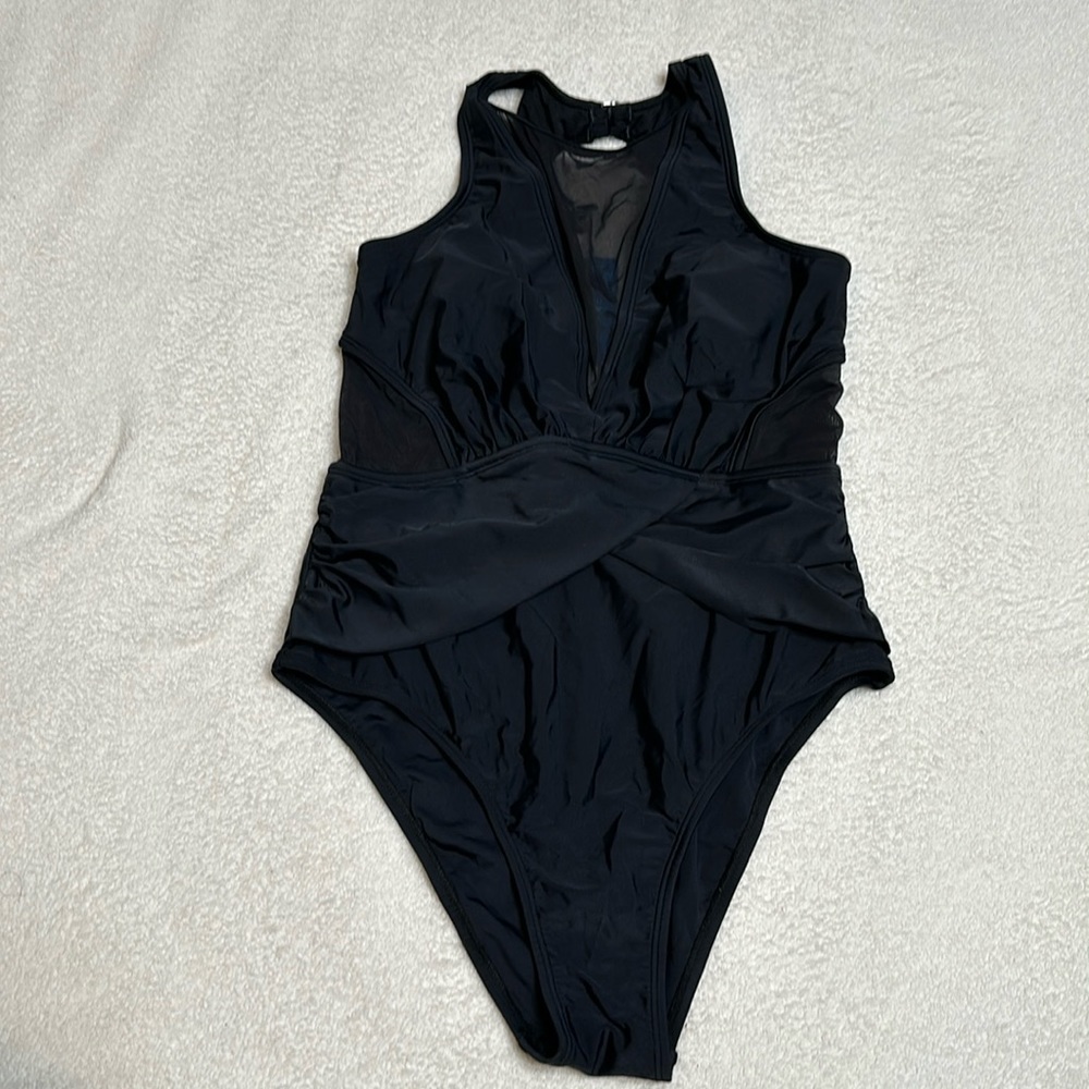 NWT! Black Sz small halter sheer mesh deep neckline and sides one piece swimsuit